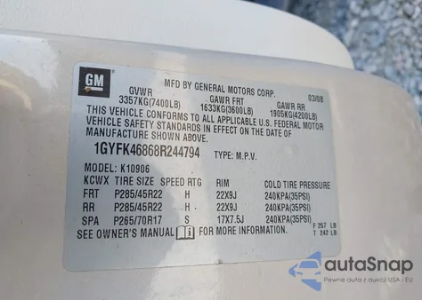 2008 Cadillac Escalade Esv from USA, damaged, VIN 1GYFK46868R244794